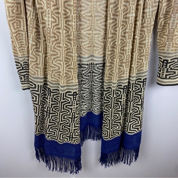NIC + Zoe Linen Blend Boho Geometric Open Front Fringe Cardigan Medium Cream - Picture 5 of 12